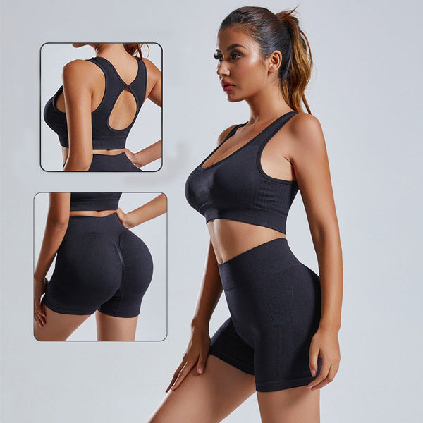Women 2pcs Yoga Set Seamless Vest Shorts Gym Tracksuit