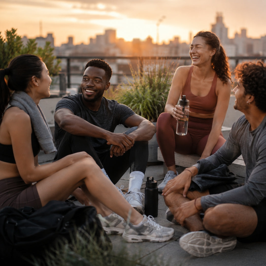 Group of four people sitting on a rooftop at sunset, enjoying each other's company.