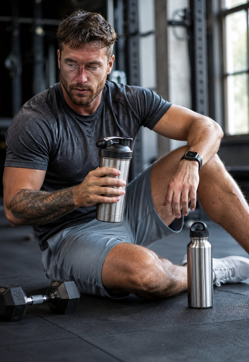 Man sitting on a gym floor holding a shaker bottle with another bottle beside him.