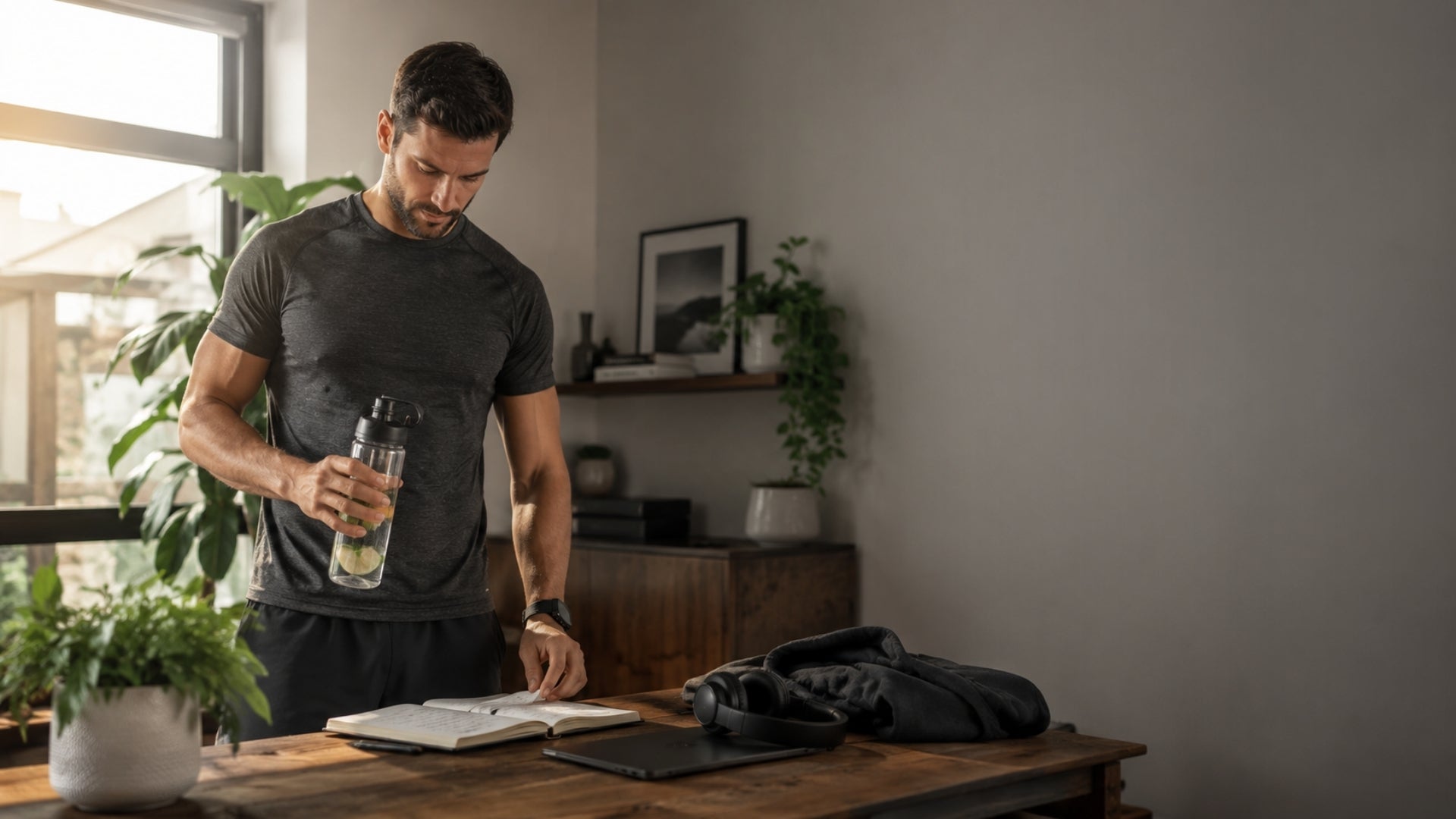 Man standing at a table with a notebook and water bottle in a room with plants and a window.