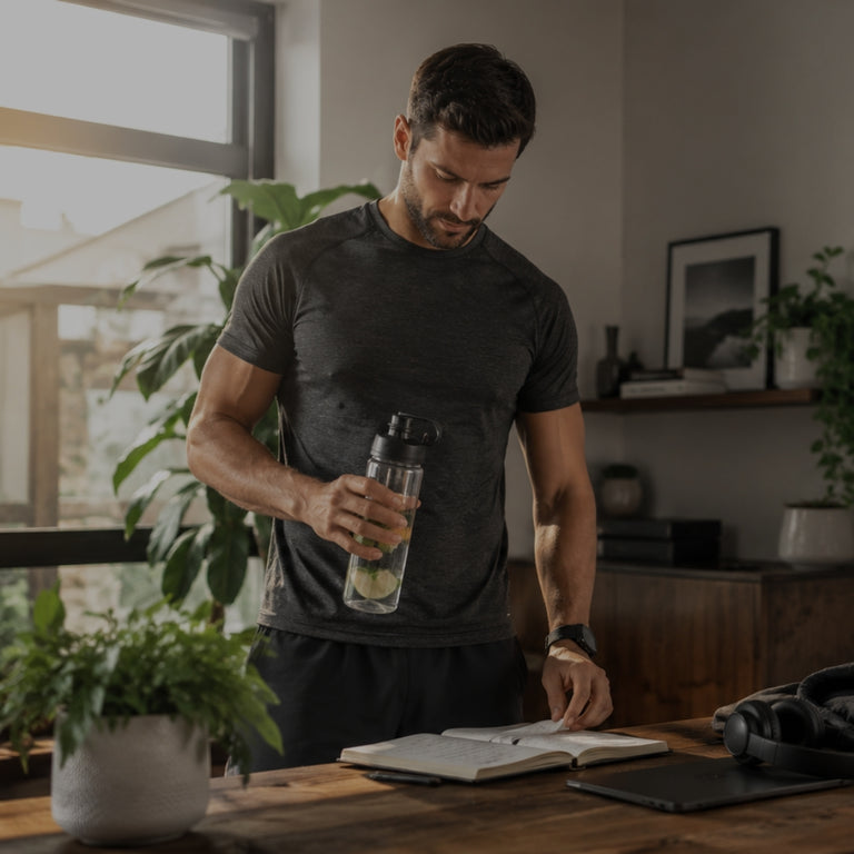 Man standing at a table with a notebook and water bottle in a room with plants and a window.