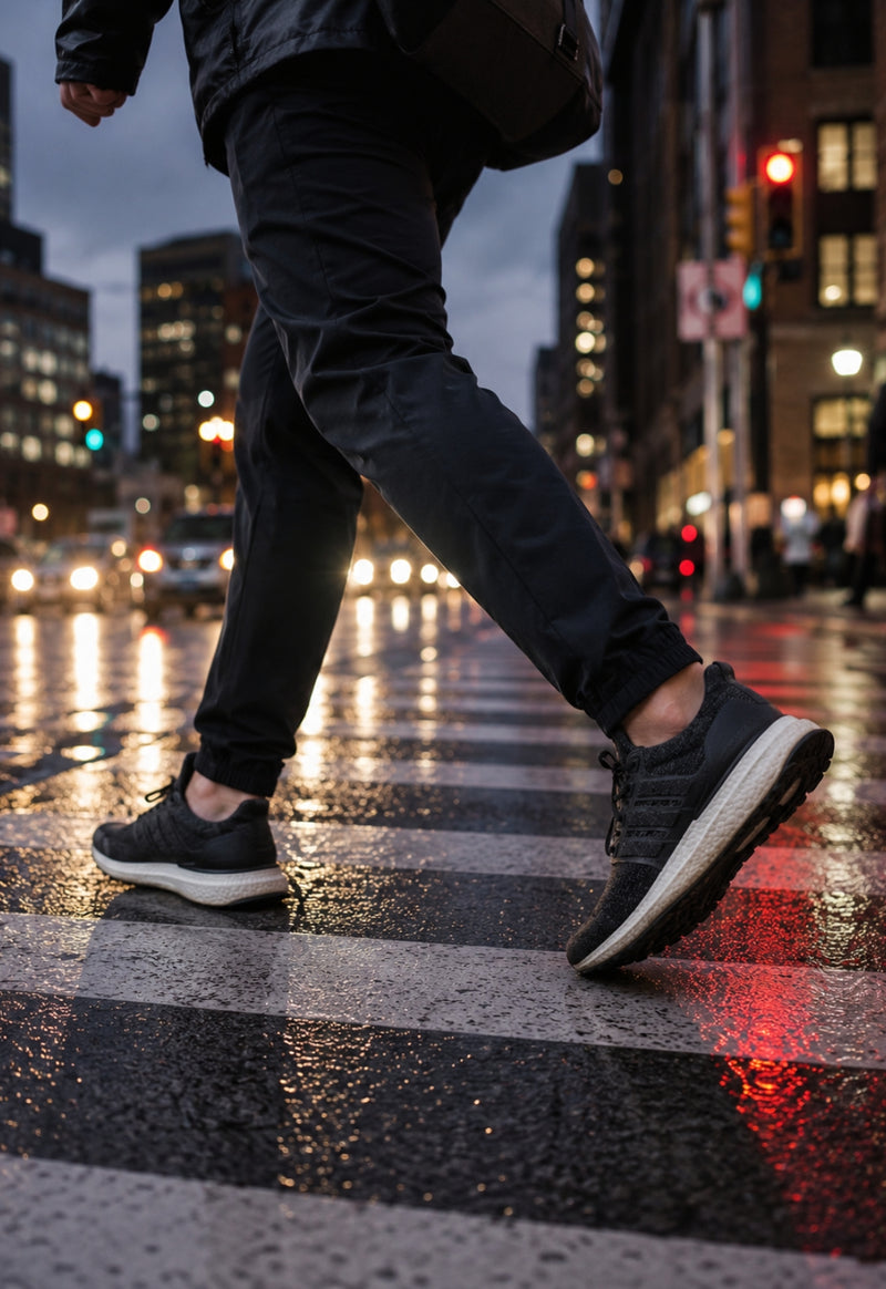Person walking on a city street at night with wet pavement reflecting lights.