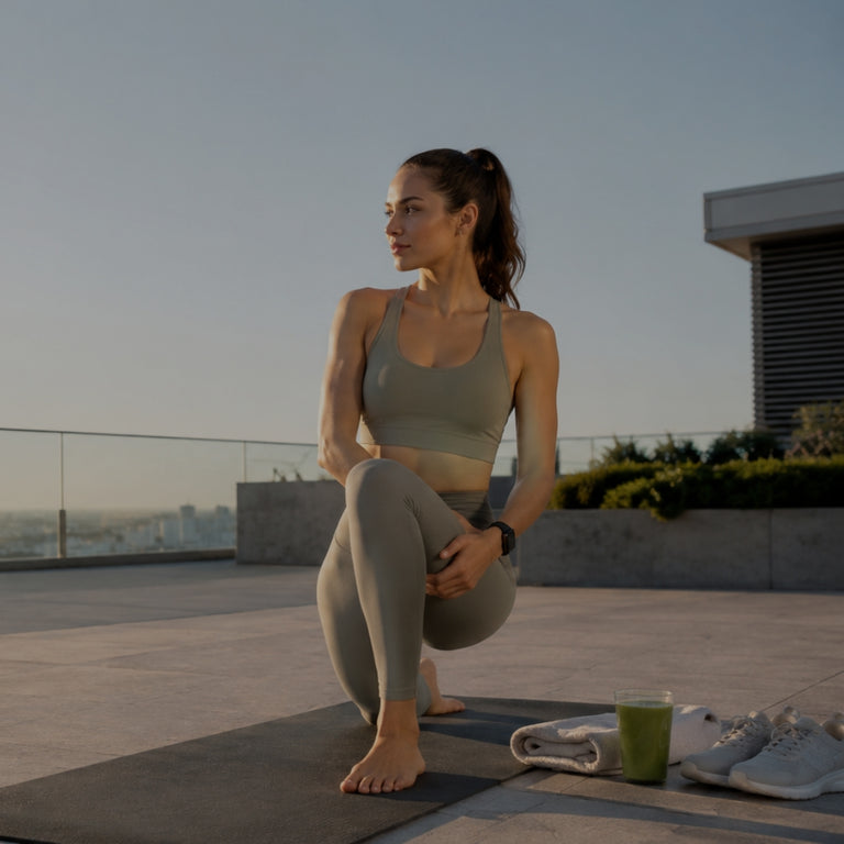 Woman exercising on a rooftop with a cityscape in the background